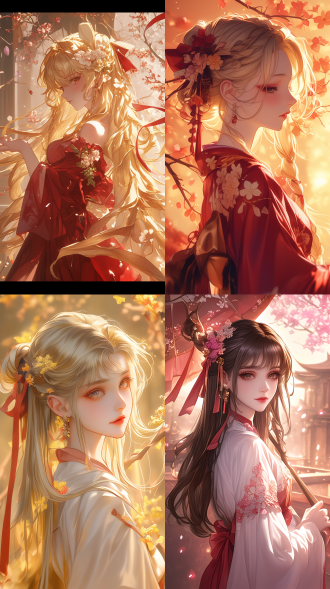 “一位古典优雅的少女，金色长发，齐刘海，两侧各编一条精致的细辫子，所有头发盘到后脑勺，用红色丝带扎成蝴蝶结，鬓角各留一缕头发自然垂落，发型柔美端庄，背景为古风庭院或樱花树下，光线柔和，细节精致，动漫风格，高分辨率，8k画质，唯美氛围”