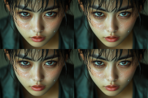 一个亚洲女性完整面部特写，浓妆艳抹，有酒窝，有虎牙，灰色寸头，脸部有汗滴