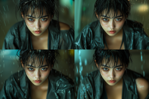 一个亚洲女性完整面部特写，浓妆艳抹，有酒窝，有虎牙，灰色寸头，脸部有汗滴