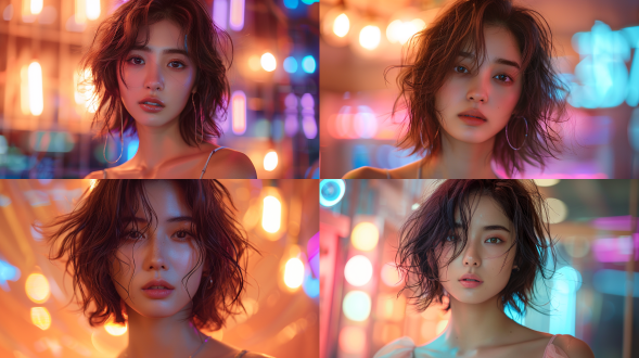 年轻漂亮亚洲短发女性露虎牙半身像，三分法构图，现代风格，柔和光，高细节，真实感，正面视角，甜美。 夜总会照明 沙滩装扮 开心