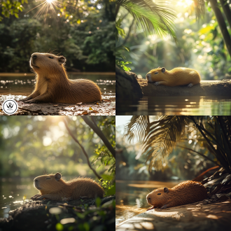 q版水豚躺热带河岸边晒太阳，三分法构图，清新色调，浅景深特写，逆光，静态，可爱模样，自然环境，暖光，萌态。