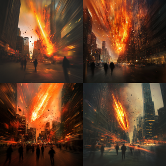 大都市上空陨石坠落，天空火焰色，行人惊恐驻足，三分法构图，城市环境，长焦镜头，逆光，动态模糊，橙红主调，恐慌。