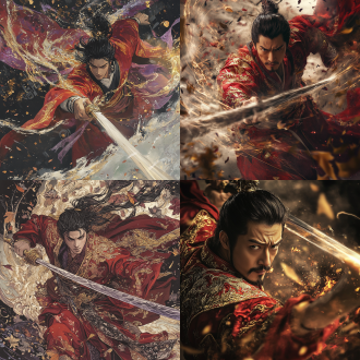 close - up, song jiang, titled heavenly chief star from water margin, in a dynamic combat stance. he wears a majestic red battle robe embroidered with golden patterns, billowing in the tempestuous wind. his face is resolute, eyes ablaze with leadership and unwavering determination. in his right hand, he brandishes a long, gleaming saber, the blade emitting a fierce silver - white radiance. around him, there are rich special effects: a maelstrom of swirling black and red energy surrounds his body, with bolts of purple lightning crackling through it. flying debris and leaves are scattered by the force of the battle, and the air shimmers with a golden aura symbolizing his status. the whole scene is presented in a highly realistic style, maintaining a 9:16 aspect ratio to capture every detail of this intense battle moment.