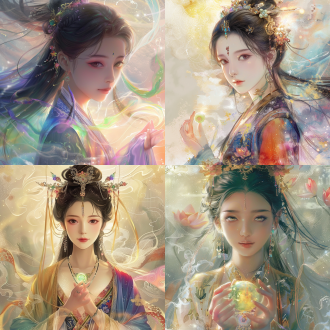 女娲形象的女子，绝美端庄面容，鹅蛋脸，肌肤白皙泛珍珠光泽，弯弯柳眉，清澈明亮双眸，挺直秀挺鼻梁，娇艳花瓣唇，嘴角带温和微笑，黑色绸缎般秀发垂肩，发间饰五彩玉石雕琢花朵（镶嵌细碎珍珠），身着五彩拖地长袍（仙缕织就，绣精美云纹花鸟图案，领口袖口金色花边），腕戴碧绿灵光玉镯，赤足站七彩莲花，手托光芒万丈五彩神石（表面符文闪烁），神石融化成五彩流光补天，周身白气环绕夹杂金色星芒，震撼视觉效果，整体画面金光氤氲，带有神话玄幻氛围，9:16 比例，中近景展示 。