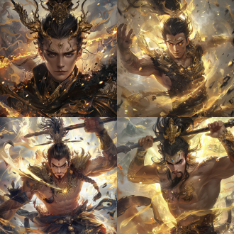 盘古形象的男人，刚硬粗犷面庞，浓密眉如黑龙，圆睁眼眸燃金色火焰，高挺鼻梁，宽厚紧闭嘴唇，黑色瀑布般散发，头戴混沌奇石冠冕（刻神秘符文，闪烁光芒），肌肉坚实线条分明，皮肤刻岁月痕迹，下身围混沌兽皮战裙（镶嵌五彩宝石），双手高举开天巨斧（混沌神铁锻造，斧身宽大厚重，斧刃锋利似新月，斧柄缠刻符文铁链），周身金色光芒喷涌（光芒含闪烁星辰），五彩斑斓气流飞速旋转形成光幕（光幕浮现山川大地、日月星辰幻影），黑色混沌之气与金、五彩光芒气流抗衡，写实风格，震撼视觉效果，背景云雾缭绕，整体画面金光氤氲，带有神话玄幻氛围，中近景展示 ，9:16 比例