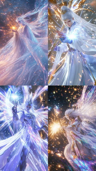 close - up, the goddess of nine heavens in a state of intense battle. she is ethereal, clad in a flowing robe of celestial silk, its colors shifting like the aurora, from soft lavender to deep cerulean. the robe shimmers with star - like glints, as if adorned with the light of distant constellations. her long, silver - white hair streams behind her, charged with a gentle, iridescent glow. in her hands, she holds a divine scepter, topped with a radiant gem that emits a blinding beam of golden - white light. this light projects a complex web of magical runes into the air around her. from the scepter also spout arcs of multicolored energy, crackling like celestial lightning, some branching out like the roots of an ancient tree, others shooting straight towards her enemies. her face is a portrait of serene determination, eyes the color of a clear midnight sky, pupils flecked with stardust. around her body, a nimbus of pearlescent energy pulses rhythmically, creating a protective barrier that shimmers with a rainbow of hues. feathers of pure, celestial light flutter around her, some igniting into flames of holy fire as they speed towards her opponents. the whole scene is presented in a hyper - realistic style, with a 9:16 aspect ratio, emphasizing the grandeur and power of this celestial being in the heat of combat.
