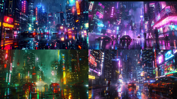 夜间赛博朋克城市景观，超低多边形，霓虹高楼、全息广告、浮空车、机器人行人，多色霓虹，动态景深，雨滴反光，高饱和高对比，8 位像素，16:9。