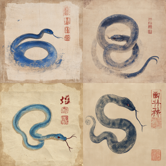 古风国画风，宣纸纹理背景，写实墨蛇配0.2mm金线勾勒，右侧有品红篆文“巳”，蛇尾延伸霓虹蓝莫比乌斯环，复古棕褐色调，8k超细节。