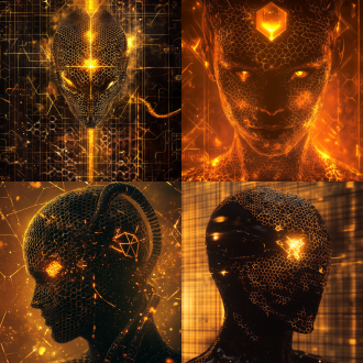 蜂巢晶格40%透明背景，三角蛇纹从网格交点生长，金橙渐变，光轨脉动，头部八角星发光，星云粒子，暗科幻风，8k超细节，赛博朋克。