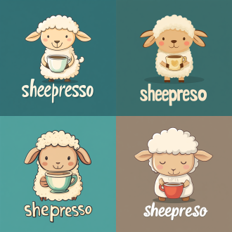 可爱卡通绵羊拿咖啡杯，“sheepresso”时尚字体，绵阳灵感，居中构图，扁平风，纯色背景，冷色调，简约高级。