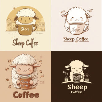 绵羊持咖啡杯现代简约logo，含越王楼飞檐、咖啡豆图形，驼棕等配色，“绵羊咖啡”书法，羌图腾几何纹，渐变背景，咖啡馆氛围。