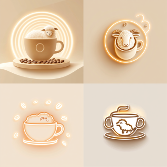 潮流标志，羊轮廓融入咖啡杯柄，有都江堰几何线条，奶白焦糖粉霓虹，咖啡豆发光，淡米色奶油色，圆角字体，对称布局，冷光，扁平风。