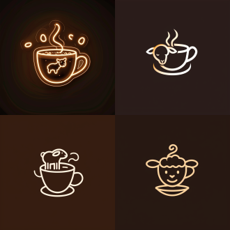 潮流标志，羊轮廓融入咖啡杯柄，有都江堰灵感线条，飘着发光咖啡豆，对称布局，高对比度，软霓虹，街艺字体，奶白焦糖棕配色。