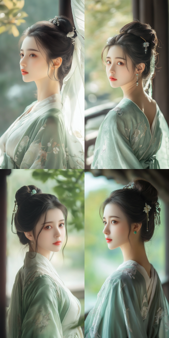 年轻东方女性，杏仁眼，自然红润脸颊，浅粉唇色，梳古典发髻配玉石发簪，身着青白渐变丝绸汉服，侧身立于古典园林廊下，半身构图，目光遥望远处山水，微风拂动衣袂与发丝