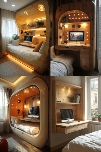 设计一款电脑桌，场景书卧室，床边