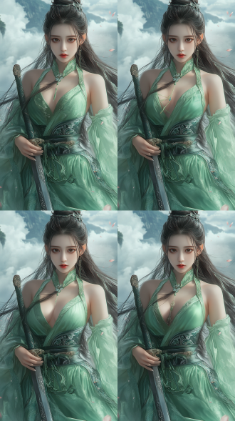 宗门仙子，女性，绿色衣服，持剑，背景古风，云雾，山，宗门，青云宗，中景，黑色长发，身材娇美