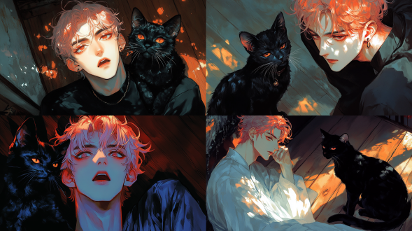 黑猫坐粉发男人腿上，表情惊讶，木地板房间，对角线与三分法构图，超广角逆光仰拍，冷色暖光，克鲁苏暗黑风，扭曲元素。 日本墨水 水彩 日记本风格