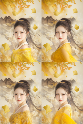 知性美女，东方脸孔，正脸，微笑，身穿现代金色与白色职业连衣裙。银杏叶，山川轮廓点缀，朦胧水彩质感背景。