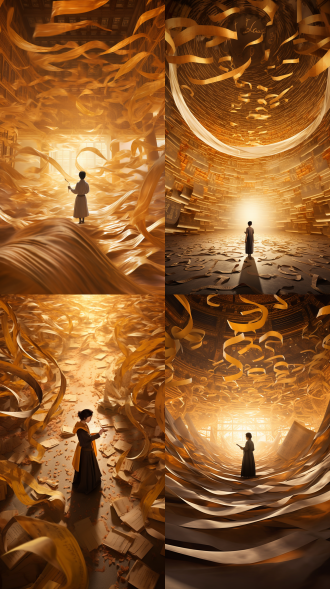 ：从无人机的角度看，俯视，对角线构图，在中国古代宫殿的大厅里，无数金色的书法卷轴像龙卷风一样旋转。诗人站在龙卷风纸的底部，用毛笔挥舞着金色的光芒。金色的画笔似乎迷失在这些柔软织物上写下的无尽文字和情感中。光效颗粒，半透明玻璃材质，哑光绘画风格。微妙的星星漂浮在天空中，以高分辨率和超清晰的方式详细描述了传统水墨字体的宏伟