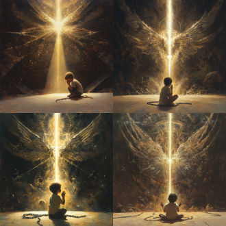 远处有一个小男孩侧着身子，双手摆着祈祷姿势，脚上被锁链拷着无法挣脱，一束光洒向他，显得格外圣洁，背后迸发出许多外星符号，符号组成翅膀的形状，即神圣又诡异，艺术涂画，超广角