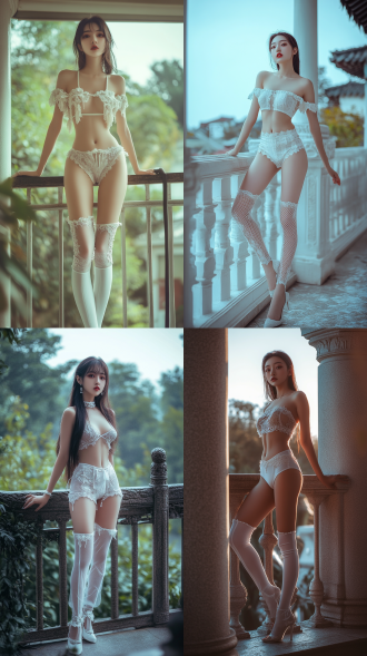 中国高挑女模特身着清凉服饰，扶栏杆站立，挺腰，全身像，表情热烈，迷离，11头身，上身背心，很巨大，大长腿，大腿圆润有肉，小腿细，腿长而直，蕾丝短裤，白色长筒袜，站立，鞋跟很高。中国脸，五官精致，居中构图，暖色调，长焦镜头，逆光，8k画质