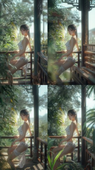 中国高挑女模特身着清凉服饰，扶在栏杆上，挺腰，全身像，表情热烈，迷离，11头身，上身背心，很坚挺，大长腿，大腿圆润有肉，小腿细，腿长而直，右腿在前左腿在后，交叉站立，蕾丝，细高跟鞋，脚踮起。中国脸，五官精致，居中构图，暖色调，长焦镜头，逆光，8k，写实风