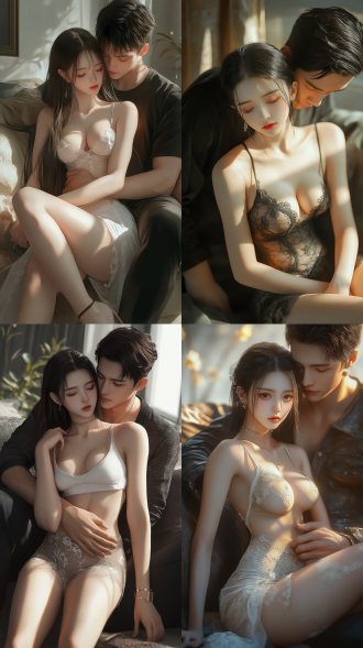 中国高挑女模特和男友深情相拥。女孩身着清凉服饰，在沙发上，挺腰，全身像，表情热烈，迷离，9头身，上身背心，很坚挺，大长腿，大腿圆润有肉，小腿细，腿长而直，双腿交叉，蕾丝，长筒袜，高跟鞋。中国脸，五官精致。男友身材高大，强壮，抱住女孩。居中构图，暖色调，长焦镜头，逆光，8k，写实风