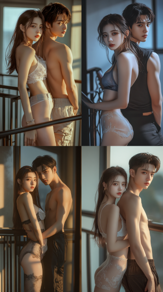 中国高挑女模特和男友在家里。真人写真。全身，细节。女孩身着清凉服饰，扶在栏杆上，挺腰，表情迷离，9头身，上身背心，很坚挺，大长腿，大腿圆润有肉，小腿细，腿长而直，右腿在前左腿在后，交叉站立，蕾丝长筒袜，高跟鞋。腿部脚部细节。中国脸，五官精致。男友中国脸，身材高大，在后方抱住女友，肌肉发达，紧身裤裤。居中构图，暖色调，长焦镜头，逆光，8k，写实风