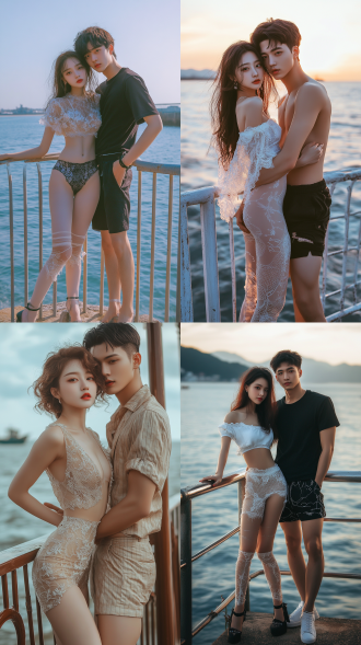 中国高挑女模特和男友在海边的栏杆旁深情相拥。女孩身着清凉服饰，站立，手扶栏杆，挺腰，全身像，表情热烈，迷离，9头身，上身背心，很坚挺，大长腿，大腿圆润有肉，小腿细，腿长而直，双腿交叉，蕾丝，长筒袜，高跟鞋。中国脸，五官精致。男友身材高大，强壮，抱住女孩，短裤。居中构图，暖色调，长焦镜