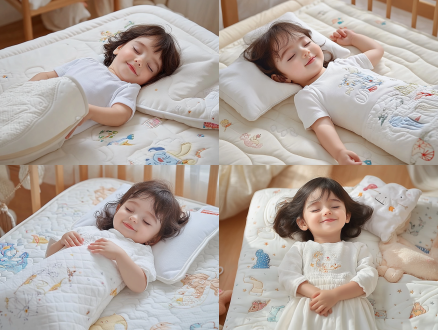 一岁到两岁穿着白色衣服黑发儿童躺在纯色床垫上睡觉，闭眸微笑，居中构图，卧室，暖光，长焦，柔焦，可爱漂亮，温馨，背景不要有布料褶皱