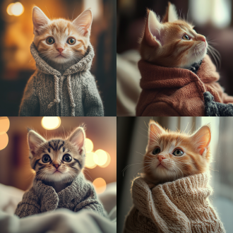 可爱穿衣服的小猫，三分法构图，室内场景，柔和光，特写镜头，浅景深，萌态，暖色系，可爱情绪。
