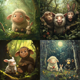 一只羊：：2，一个猴子:：2，一只兔子：：1，在森林里过着幸福的生活