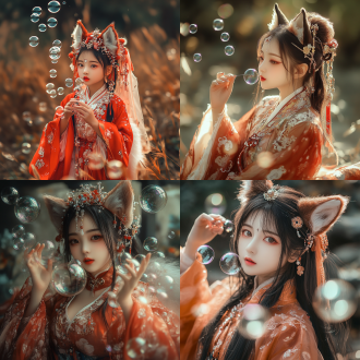 一个美丽的狐狸中国女孩吹泡泡 +