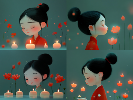 动画电影剧照、蜡烛、中国的娇小的女孩、电影剧照、美丽柔和的灯光、檀香木、高细节、欢乐剧照、令人惊叹的短片、令人心碎的美、卡通剧照。