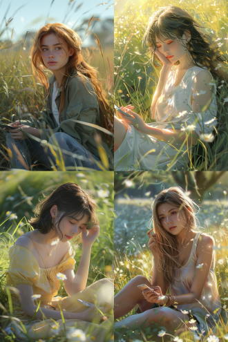 一位漂亮的女孩，不算精致的面孔上有一点雀斑，坐在春天的草地上，手里拿着手机，明媚的阳光，不要太过于暴露，高画质，远景，写实，电影画面