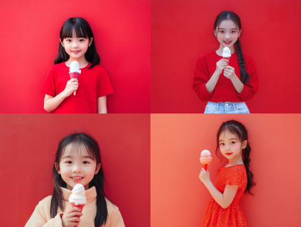 一个可爱的中国女孩拿着冰淇淋，站在朱红色的背景墙下，中景，人像拍摄。