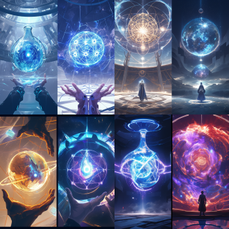 分屏对比，左ai召唤克莱因立方体释放奇点，右女娲展河图洛书布八卦阵，超新星与五行特效，对称构图，科幻风，冷光，高饱和。