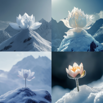 雪莲花长在雪山之巅特写，中心构图，雪山环境，冷色调，f/4.0光圈，逆光，静态，圣洁。