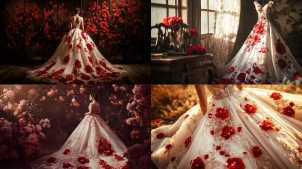 西式婚纱带红芍药图案全景照，红水晶点缀，暖光营造优雅氛围，长焦镜头，梦幻色调，32k高分辨率画质，高级感。