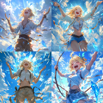 软动漫插画，金发人物穿衬衫疯狂大笑，蓝天飘云，有发光脉络，配蝴蝶结、斧头、精灵，中元节氛围，蓝冰元素，暖光，写实风，cao zhibai风格。