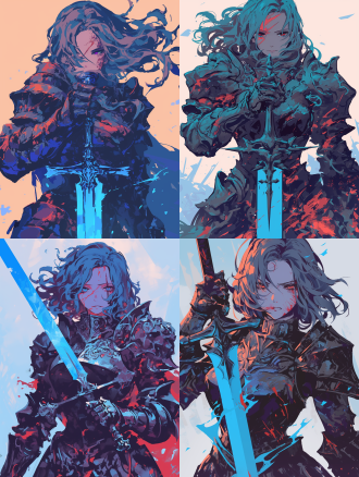 暗色盔甲褪色损坏的帝皇冠军女骑士，脸带红伤痕，神情坚定持蓝符文剑，浅色战场背景，像素画风，中心构图，冷色调，特写镜头，逆光。