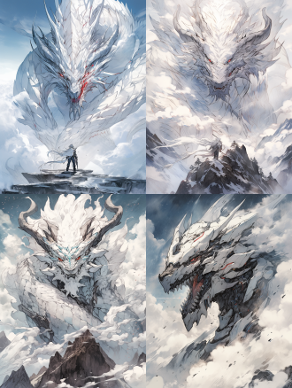 主题描述：白色龙形高达屹立云端，装甲呈现龙鳞层叠纹理，左臂化为机械龙爪，头部有龙须状天线，脚下踩着碎裂的山峰 美学词：水墨漫画手绘质感，黑色勾线笔触明显，白色装甲点缀金色祥云纹路，背景是泼墨风格的暴风云层 专业词：龙鳞流体动力学结构，可变形龙翼推进器，粒子特效模拟龙须飘动，机甲关节处有能量流动光效