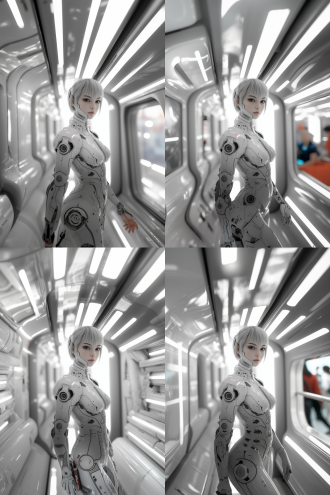 女性，短发，长刘海，绝美，，科幻机甲风，白色调，白色科幻战甲，半透明皮肤，身材修长，半机械版生命体，简单科幻背景，软光，冷色调，中景全身，正视视角，科技光，三分线构图，塞博彭克风，大师级画质，壁纸级画面，8k，细节细腻，超现实主义