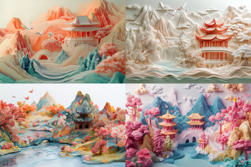 a mesmerizing 3d artwork epicting a tranquil chinese ancient scene and soft color,where colorful paper layers create a multi-dimensional landscape of serene mountains,winding rivers, and ancient pavilions,adorned with traditional motifs such as majestic mountains, and tranquil rivers, intricately carved with traditional motifs such as soaring cranes,blooming cherry blossoms, and intricate lattice work, the layers creating depth and dimension,the intricate layers casting captivating shadows and textures,, artwork,paper sculpture.