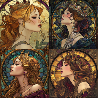 16k 超高清，汲取新艺术运动风格灵感的插画。融合彩色玻璃迷人的半透明质感与自然元素浪漫韵律。 加 y2k 风格中的镭射光泽，画一个珠宝女王头像，带王冠。头和肩膀部位即可，