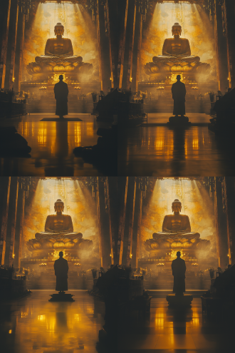 佛经与大佛，远景构图，大场景，东方美学风格，神秘氛围，暖黄色调，8k高清，电影质感，顶光。