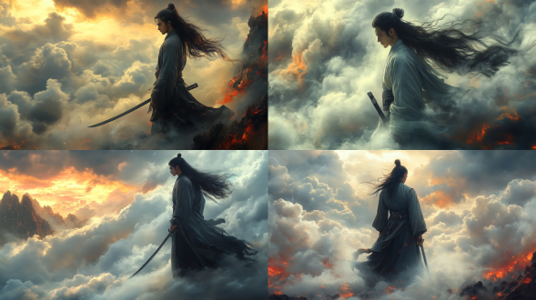 无量剑圣青年，脚踏云端手持剑柄，头发飘逸，侧面像，祥云背景，水墨风格，高清，威严，逆光，广角镜头。