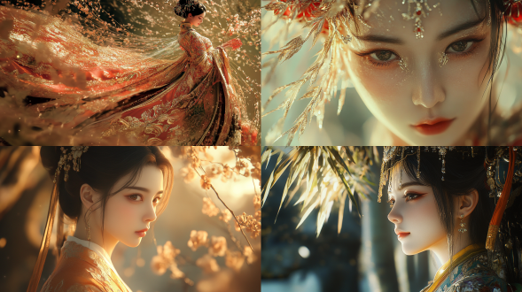 国风美女，丹凤眼修长，身材丰硕腿修长，着国风服装，画面极致复杂细节，超现实风格，4k高清，暖光，特写，优雅。