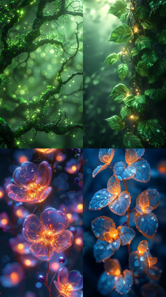 surreal glowing vines with quantum particle effects, fractal-pattern leaves floating in zero gravity, bioluminescent flowers emitting data streams, dark matter texture background, cinematic lighting, trending on artstation