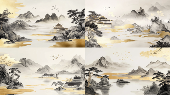 中式山水画面，大量留白，对称布局，淡雅色彩，水墨画风格，远景，柔光，宁静，空灵意境。 国墨 中式赛博